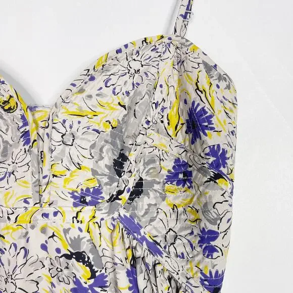 Parker Small S Gray Purple Yellow Silk Floral Dress Sweetheart Neckline Zip Back - Picture 6 of 12